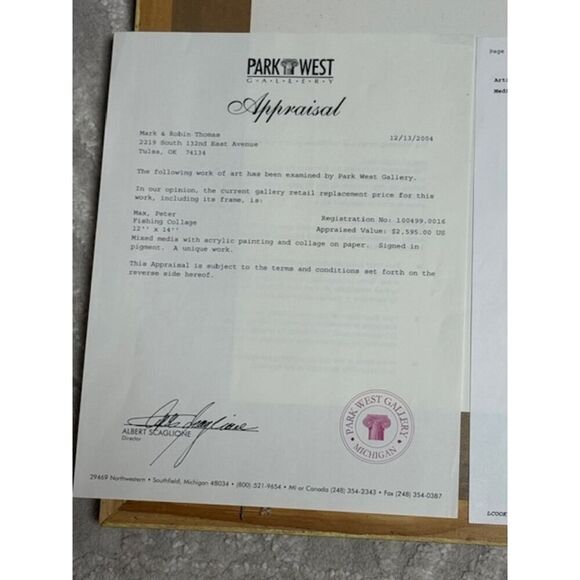 Peter max Fishing Collage Mixed Media w/ Acrylic Painting Signed Unique - Picture 7 of 8